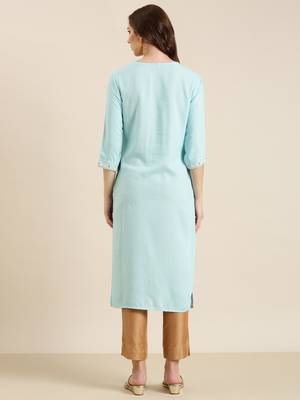 women's calf length round neck blue solid straight kurta 4