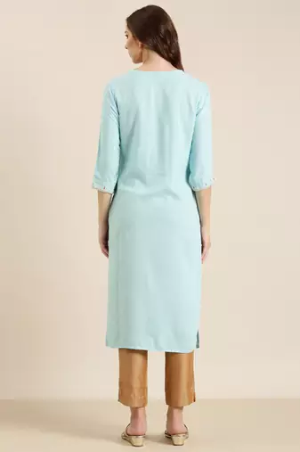 women's calf length round neck blue solid straight kurta