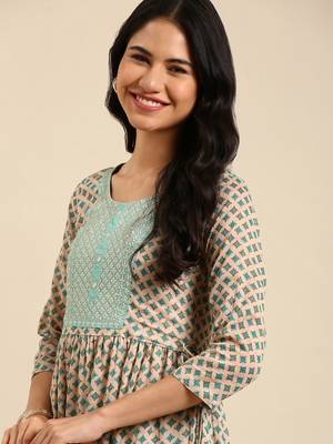 women's knee length round neck beige floral straight kurta 2