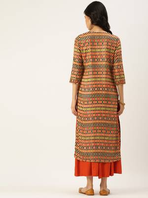 women's calf length round neck multi geometric straight kurta 4