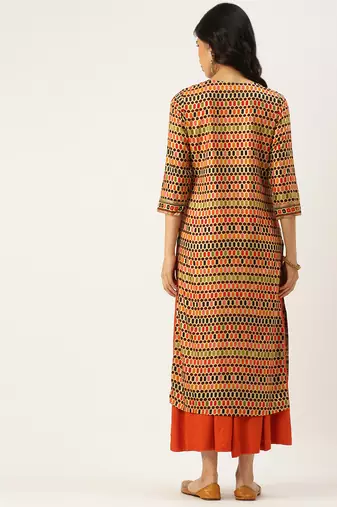 women's calf length round neck multi geometric straight kurta
