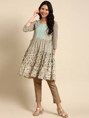 women's knee length round neck beige floral straight kurta 1