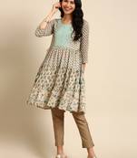 women's knee length round neck beige floral straight kurta