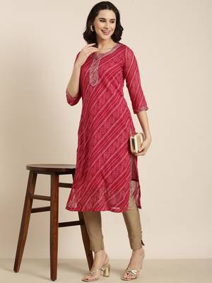women's calf length round neck pink bandhani straight kurta 1