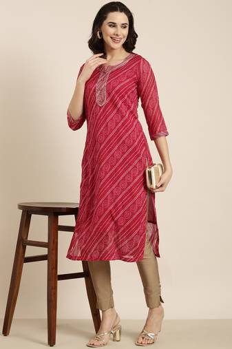 women's calf length round neck pink bandhani straight kurta