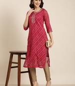 women's calf length round neck pink bandhani straight kurta