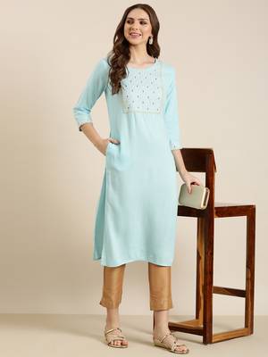 women's calf length round neck blue solid straight kurta 5