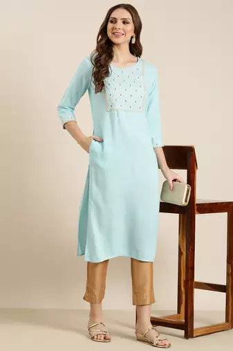 women's calf length round neck blue solid straight kurta
