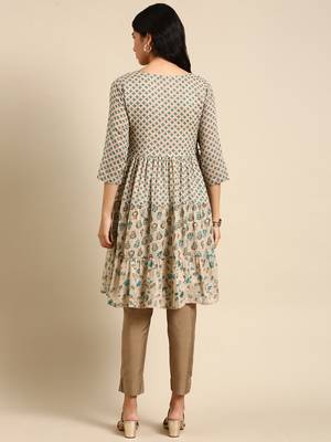 women's knee length round neck beige floral straight kurta 4