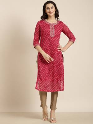 women's calf length round neck pink bandhani straight kurta 2