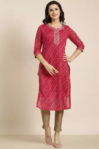 women's calf length round neck pink bandhani straight kurta