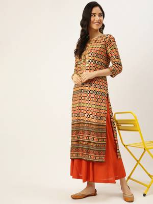 women's calf length round neck multi geometric straight kurta 5