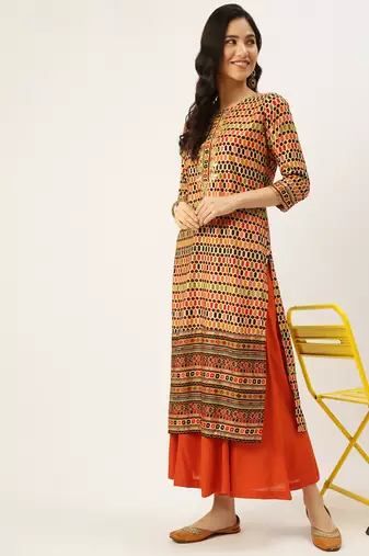 women's calf length round neck multi geometric straight kurta