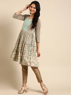 women's knee length round neck beige floral straight kurta 5