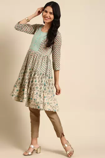 women's knee length round neck beige floral straight kurta