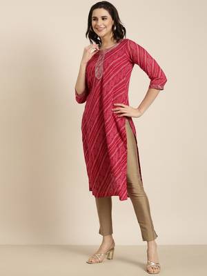 women's calf length round neck pink bandhani straight kurta 3
