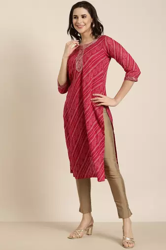 women's calf length round neck pink bandhani straight kurta