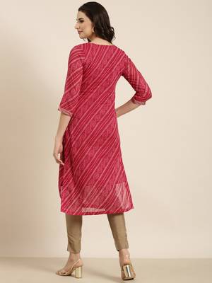 women's calf length round neck pink bandhani straight kurta 4