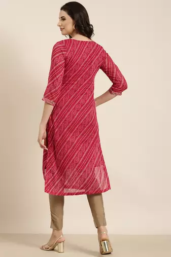 women's calf length round neck pink bandhani straight kurta