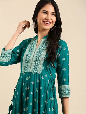 Showoff women's ankle length mandarin collar teal ethnic motifs anarkali kurta 2