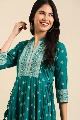 Showoff women's ankle length mandarin collar teal ethnic motifs anarkali kurta