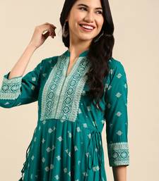 Showoff women's ankle length mandarin collar teal ethnic motifs anarkali kurta