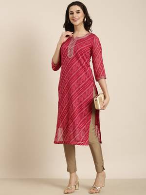 women's calf length round neck pink bandhani straight kurta 5