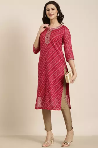 women's calf length round neck pink bandhani straight kurta