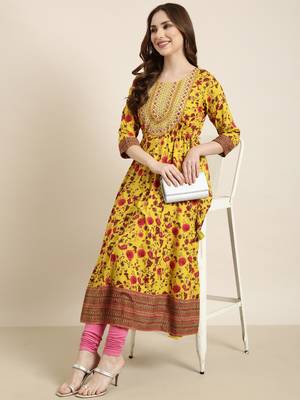 women's calf length round neck yellow floral anarkali kurta 1