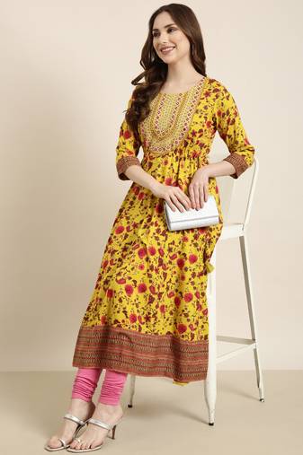 women's calf length round neck yellow floral anarkali kurta