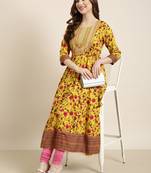 women's calf length round neck yellow floral anarkali kurta