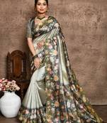 Grey Soft Tussar Silk Printted Saree Festive Wear
