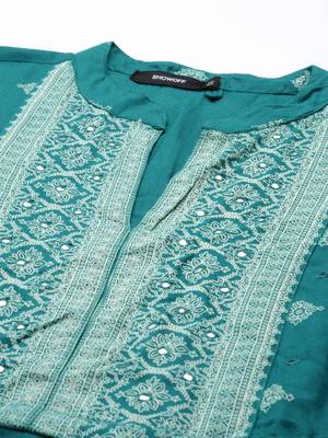 Showoff women's ankle length mandarin collar teal ethnic motifs anarkali kurta 3