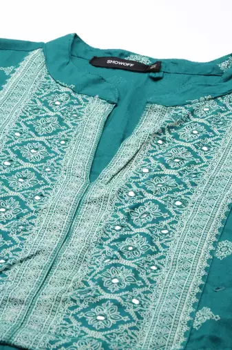 Showoff women's ankle length mandarin collar teal ethnic motifs anarkali kurta