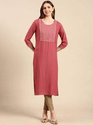 women's calf length round neck mauve solid straight kurta 1