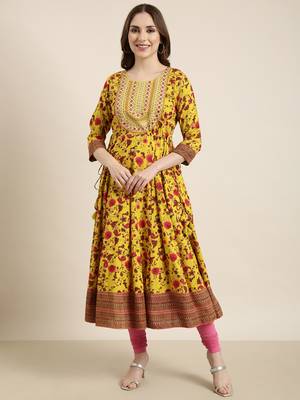 women's calf length round neck yellow floral anarkali kurta 2
