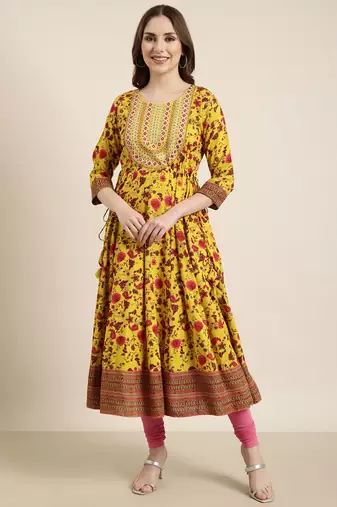women's calf length round neck yellow floral anarkali kurta