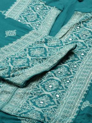 Showoff women's ankle length mandarin collar teal ethnic motifs anarkali kurta 4