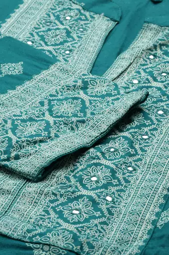 Showoff women's ankle length mandarin collar teal ethnic motifs anarkali kurta