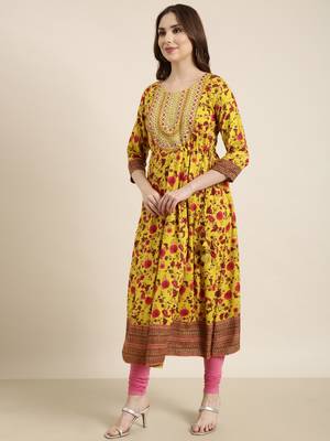 women's calf length round neck yellow floral anarkali kurta 3