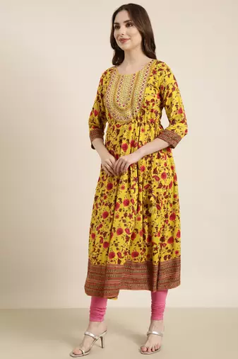 women's calf length round neck yellow floral anarkali kurta