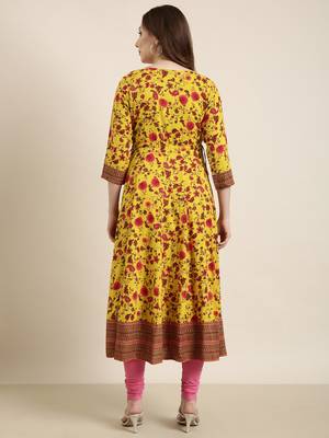 women's calf length round neck yellow floral anarkali kurta 4