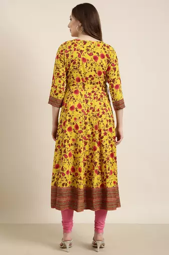 women's calf length round neck yellow floral anarkali kurta
