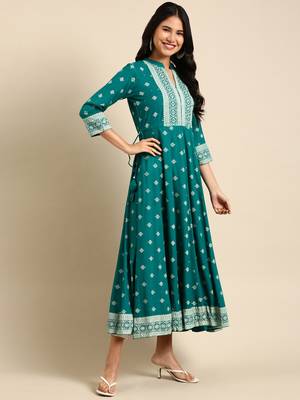 Showoff women's ankle length mandarin collar teal ethnic motifs anarkali kurta 1