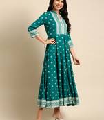 Showoff women's ankle length mandarin collar teal ethnic motifs anarkali kurta