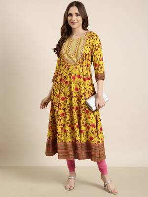 women's calf length round neck yellow floral anarkali kurta 5