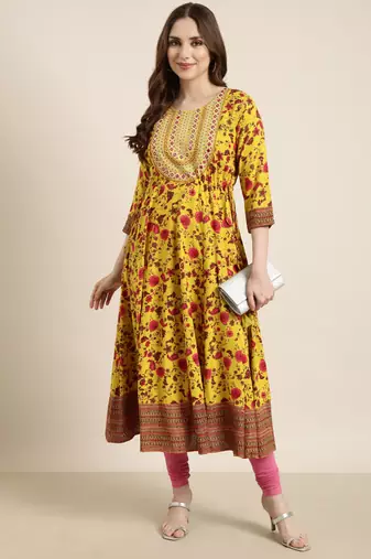 women's calf length round neck yellow floral anarkali kurta