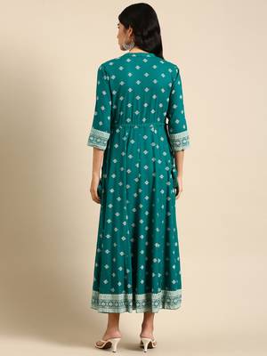 Showoff women's ankle length mandarin collar teal ethnic motifs anarkali kurta 5