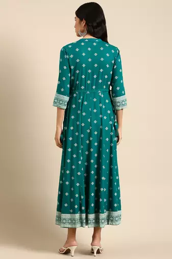 Showoff women's ankle length mandarin collar teal ethnic motifs anarkali kurta