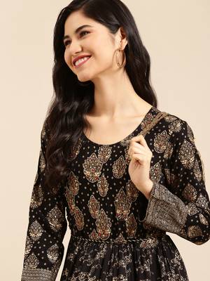 women's ankle length round neck black ethnic motifs a-line kurta 2